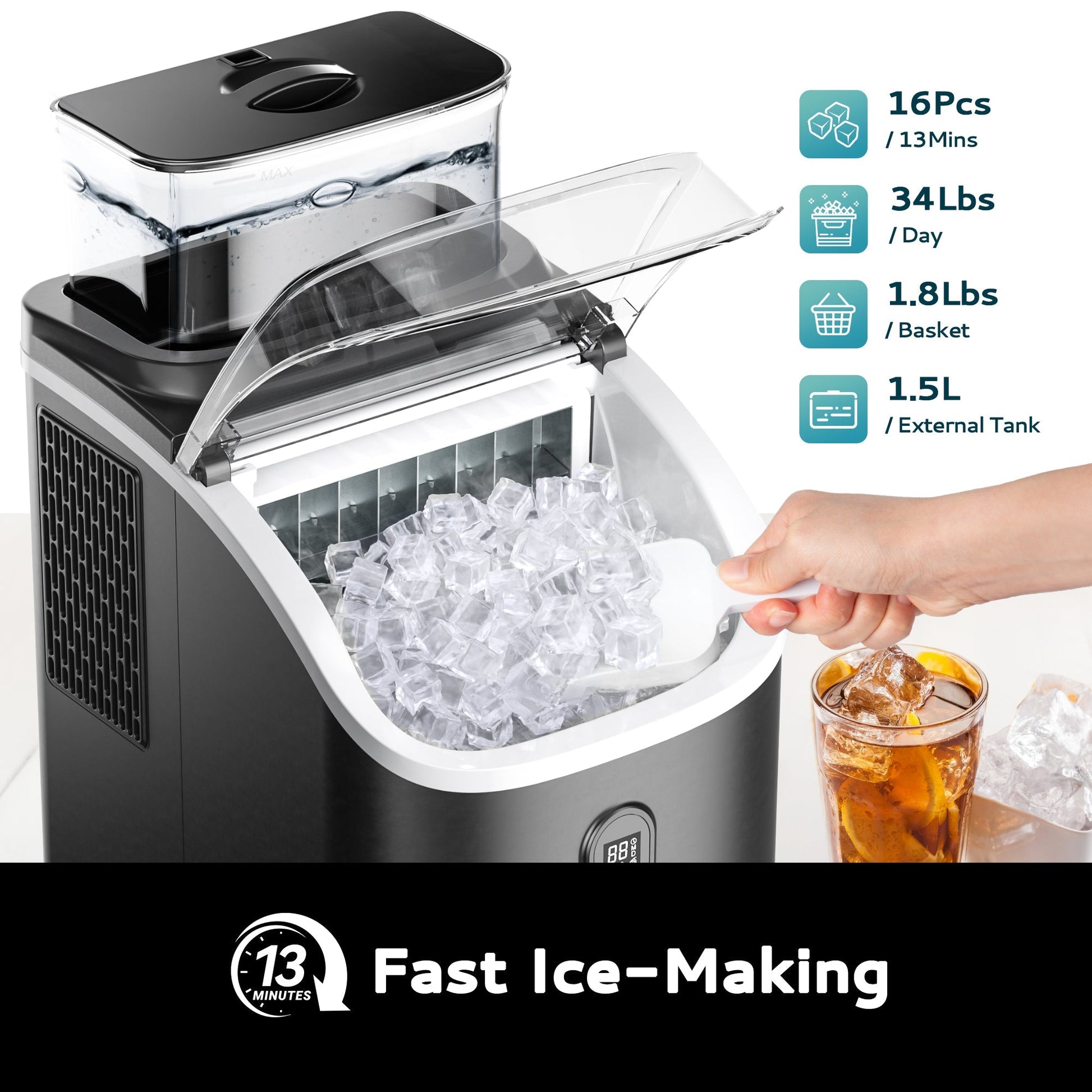 EUHOMY Ice Cube Maker Machine Countertop with External Water Tank, 34Lbs, 16Pcs Ready in 13 Mins, 2 Ways to Add Water, Auto-Cleaning, with Ice Scoop & Basket Includes 2 Bottles of Cleaner - Euhomy