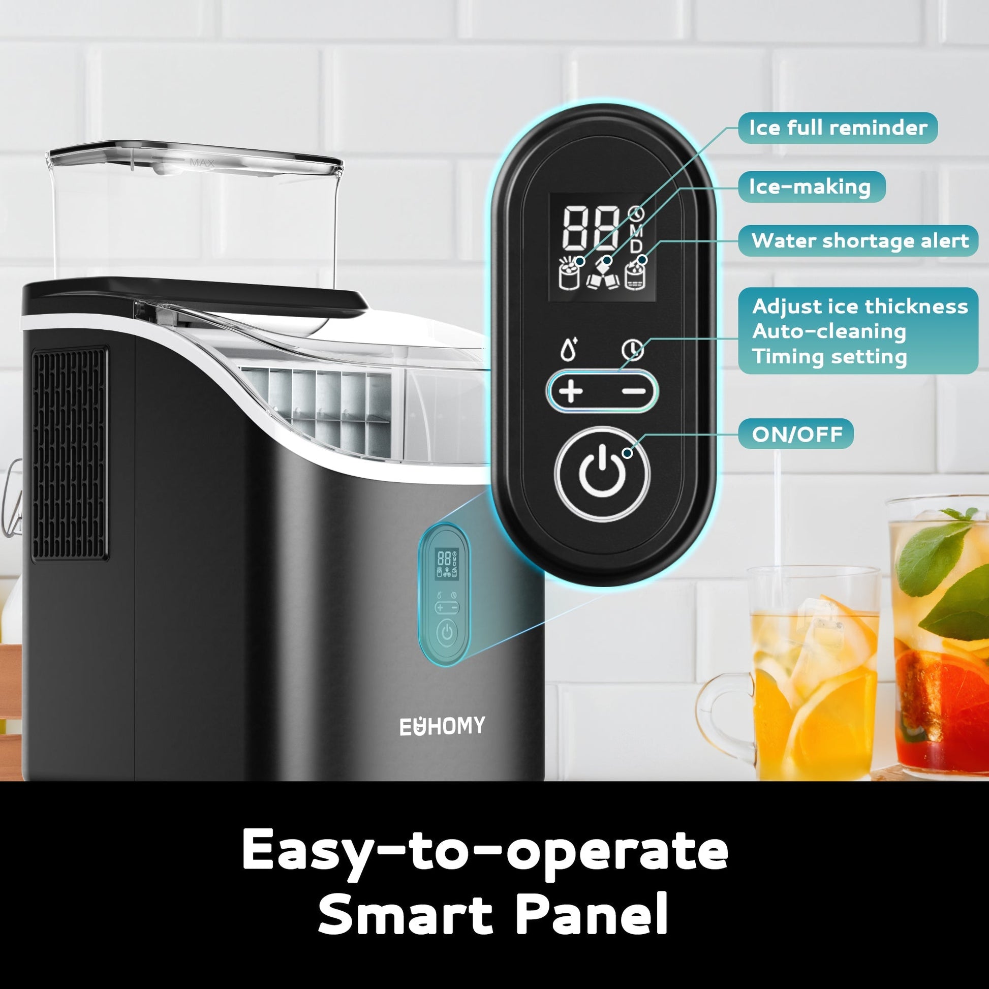 EUHOMY Ice Cube Maker Machine Countertop with External Water Tank, 34Lbs, 16Pcs Ready in 13 Mins, 2 Ways to Add Water, Auto-Cleaning, with Ice Scoop & Basket Includes 2 Bottles of Cleaner - Euhomy